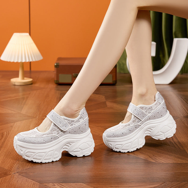 Women's Summer Thick Bottom Height Increasing Insole Mesh Velcro Rhinestone Men's Shoes