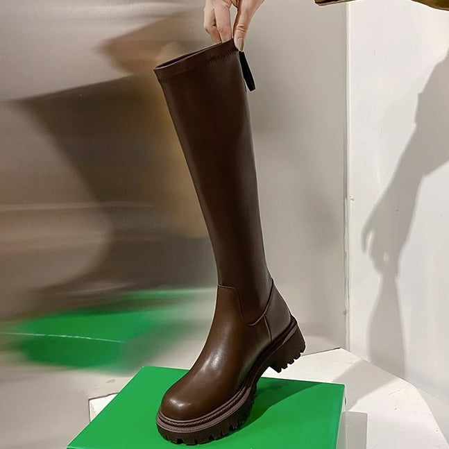 Women's Leg Thick Bottom Large Small Size Fat Widened Long Biker Women's Leather Boots