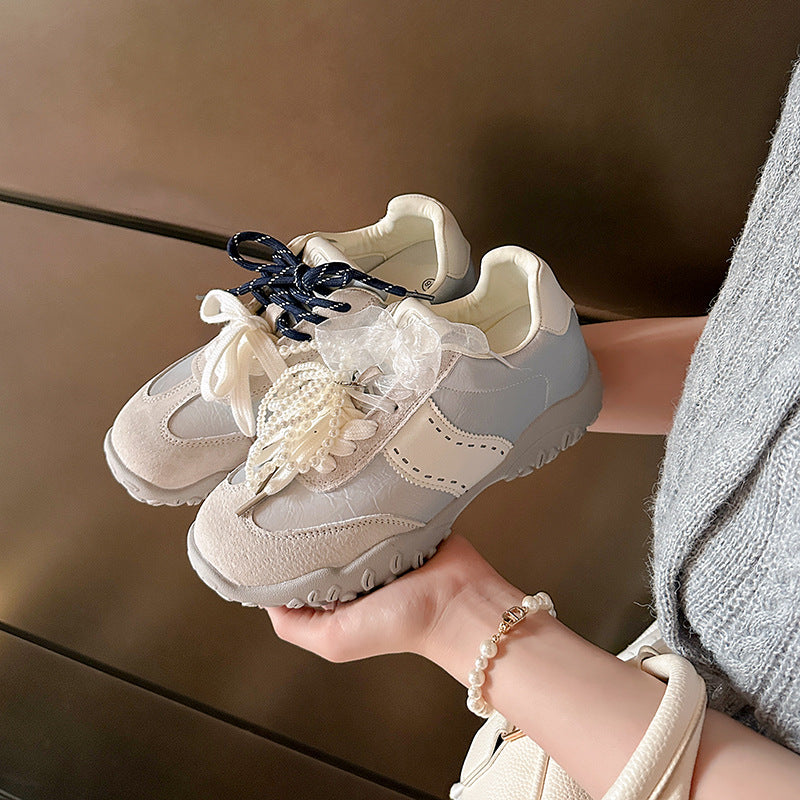Women's Version Height Increasing Insole Mercerized Crescent Pearl Lace Breathable German Casual Shoes
