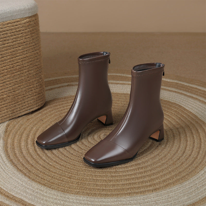 Square Toe Chunky Rear Zipper Martin High Heels