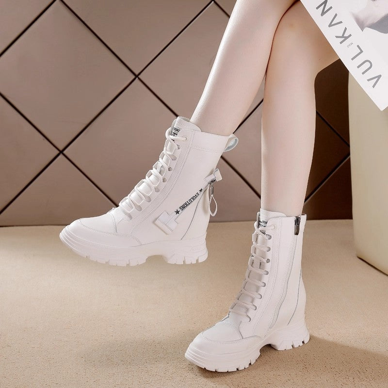 Women's Martin British Style Small Thick Bottom Height Increasing Insole Women's Leather Boots
