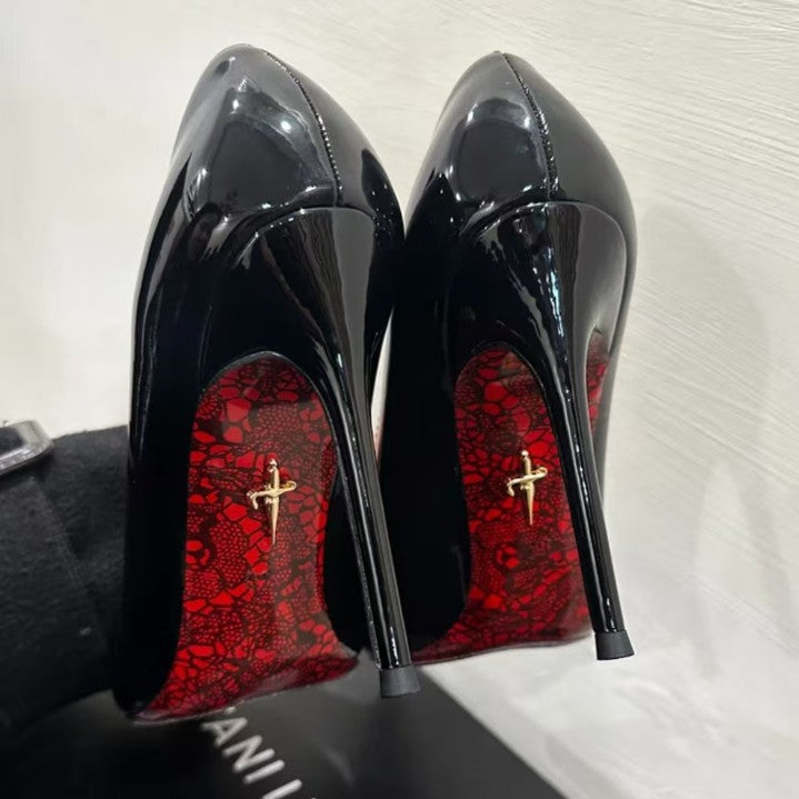 Women's Bottom High Stiletto Beautiful Sexy Black Patent Pointed French Style Heels