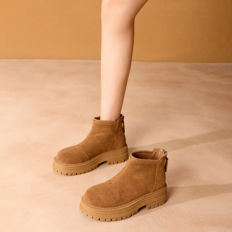 Women's Winter Vintage Fleece-lined Warm Side Zipper Frosted Cowhide Platform Women's Leather Boots