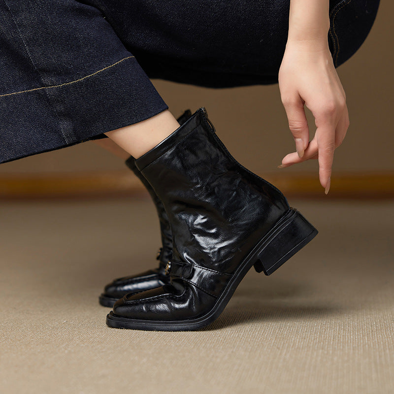 Women's Camellia Cowhide Mid Martin Black Chunky Women's Leather Boots