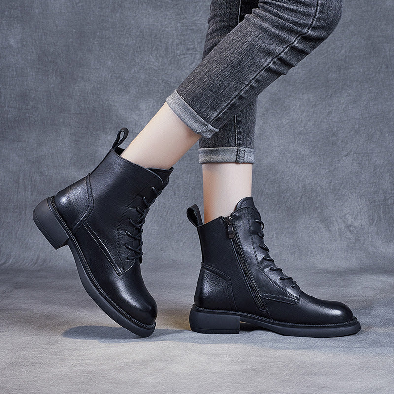 Women's Strap Side Zipper Flat Fashionable Slimming Women's Leather Boots