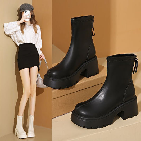 Women's Platform Martin British Style Ankle Small Height Increasing Thin Women's Leather Boots