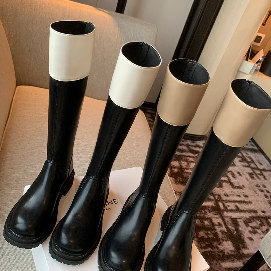 Women's Matching Fashion Round Head Thick Bottom Chunky Women's Leather Boots
