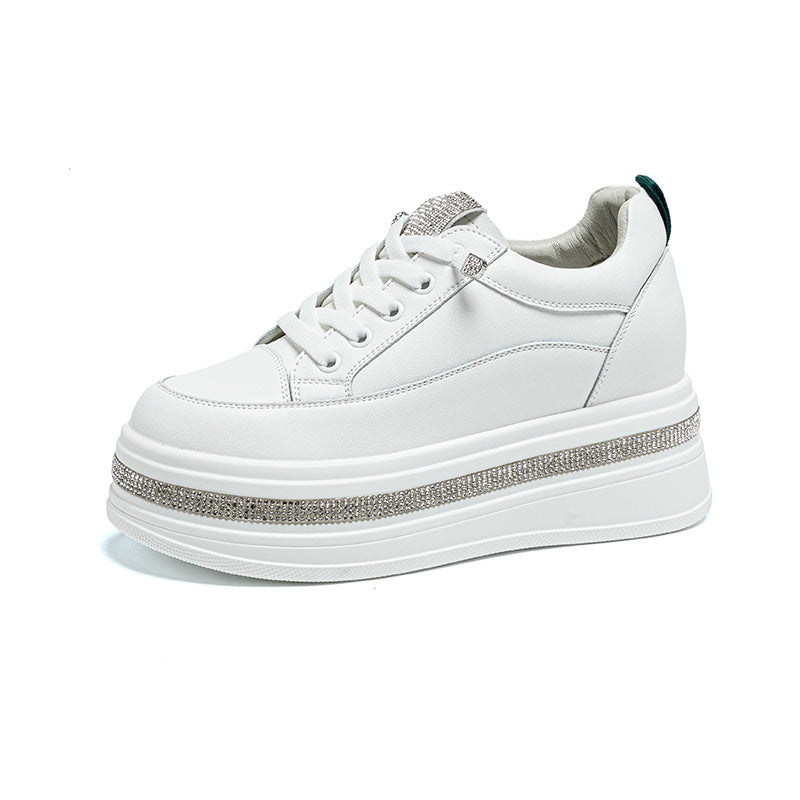 Women's White Platform Muffin Height Increasing Insole Pearl Diamond Elastic Lace Women's Casual Shoes