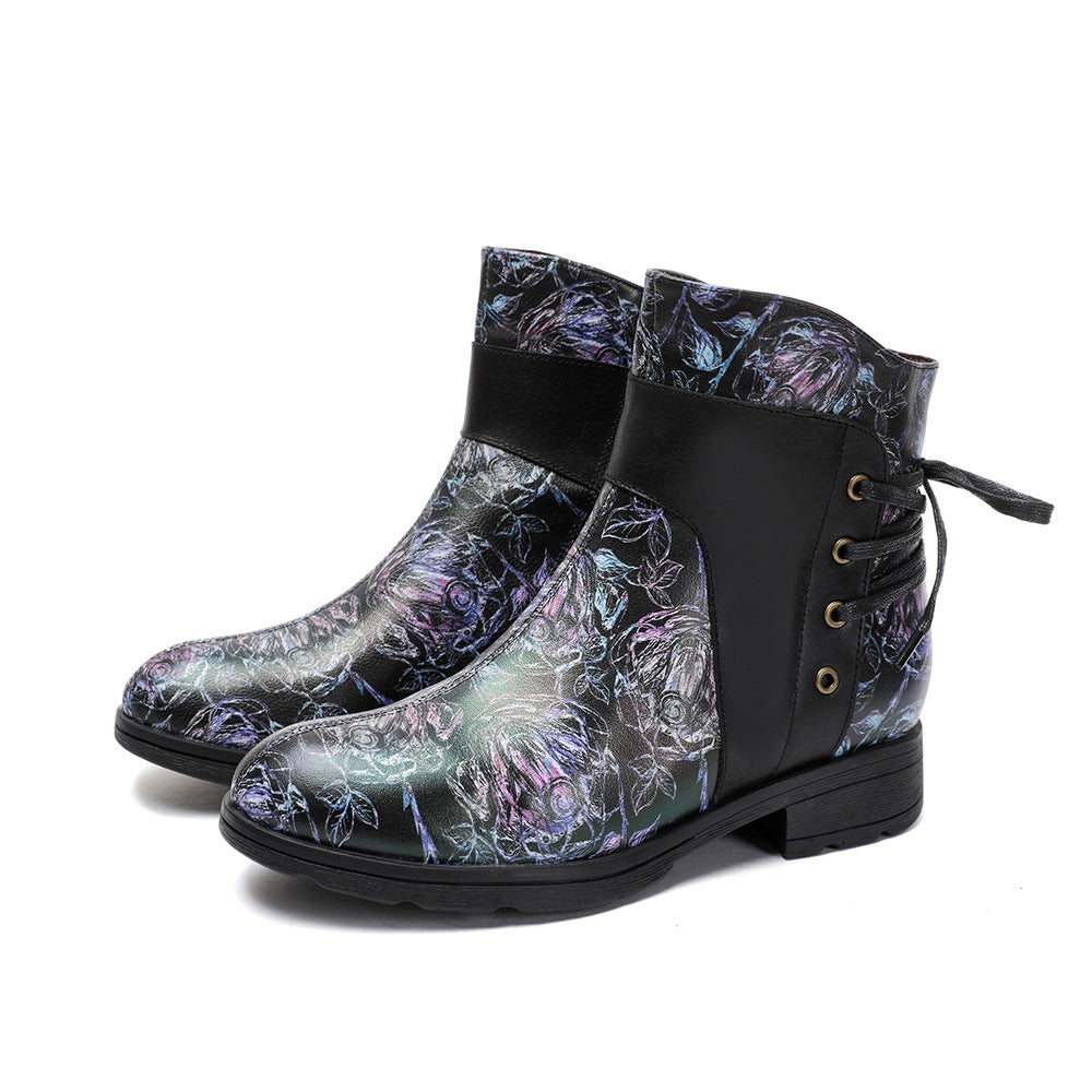 Blue Meng Die Sheepskin Cowhide Rose Hand-rub Color Women's Leather Boots