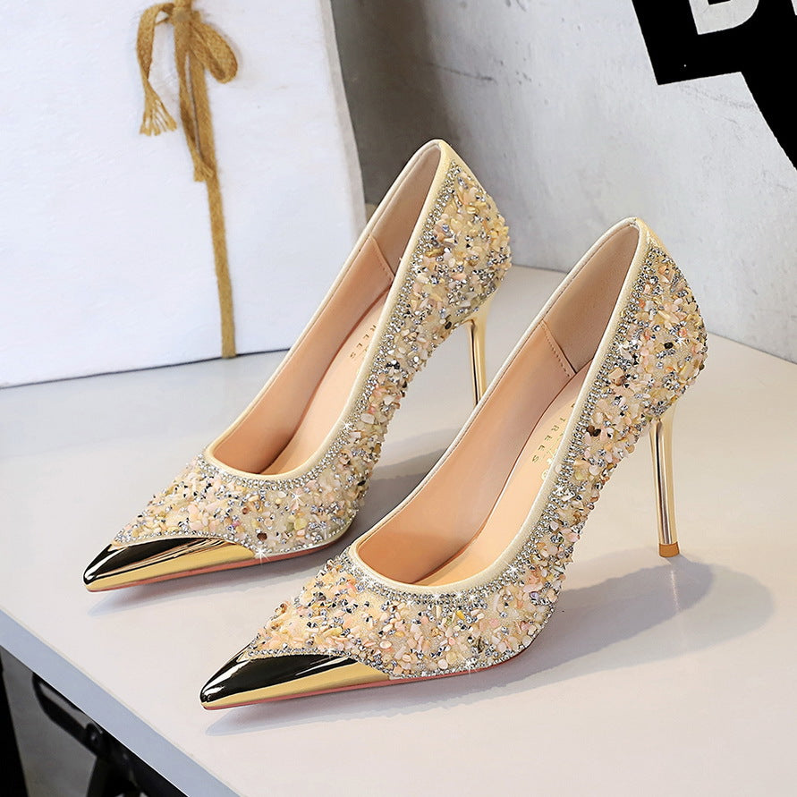 Women's Stiletto Rhinestone High Metal Pointed Low-cut Slip-on Crystal Women's Fashion Shoes