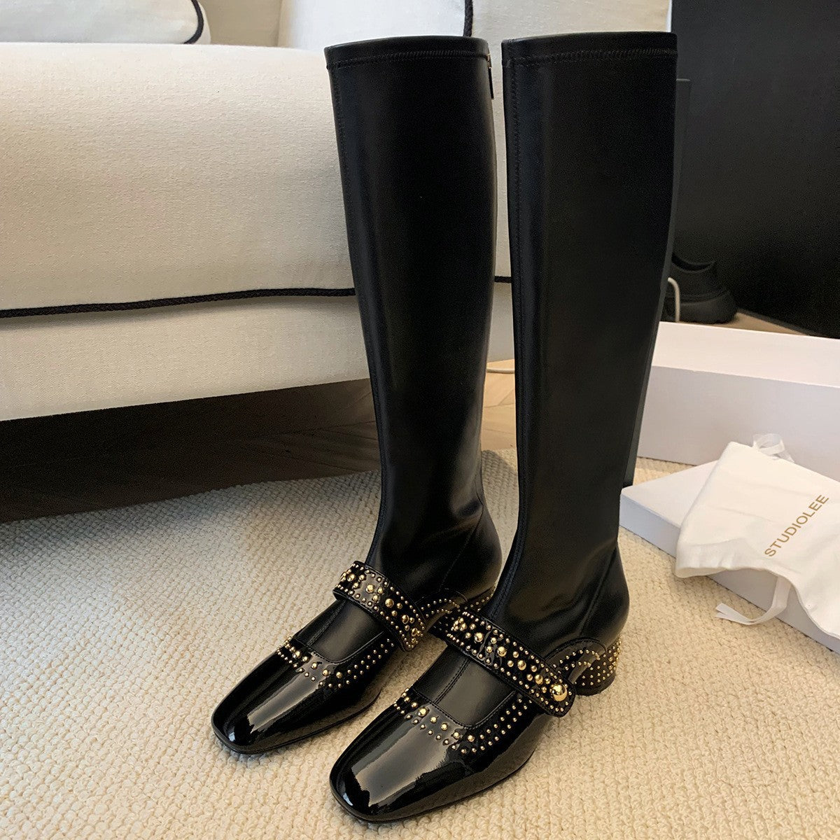 Square Toe Rivet Strap Knight Thick Thin Female Grape Women's Leather Boots