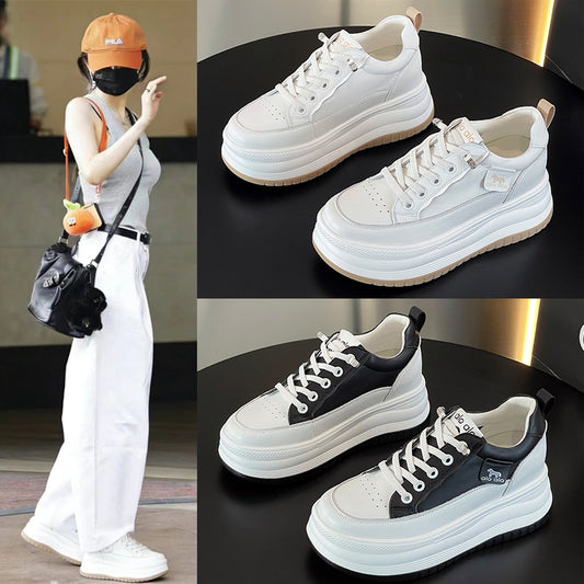 Women's White Spring Genuine Sports Skate Thick-soled Small Women's Casual Shoes