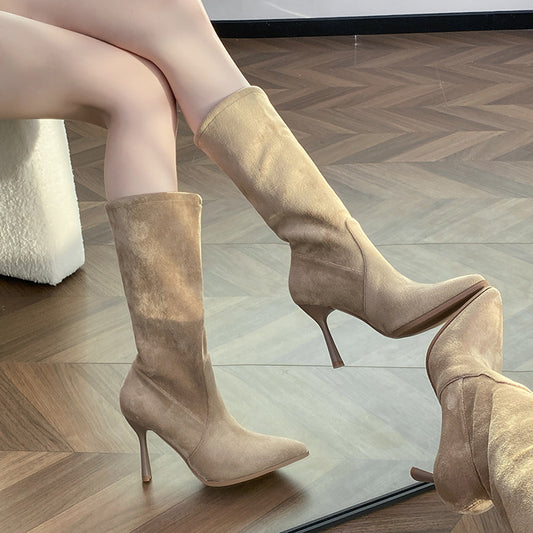 Women's Elegant Suede Stiletto Pointed High Short Women's Leather Boots