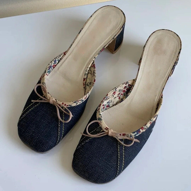 Women's Niche Denim Square Toe Bow Thick Semi Women's Fashion Shoes