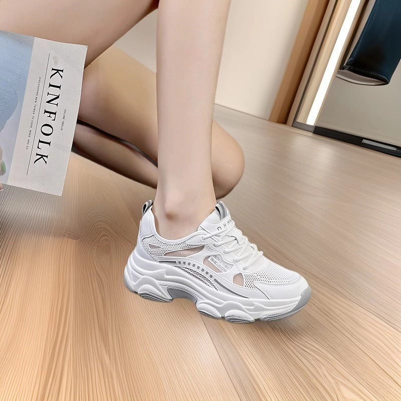 Women's Mesh Surface Plastic Drop White Thick Bottom Fashionable For Pure Sneakers