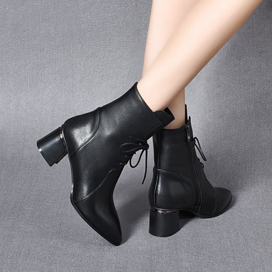 Women's Genuine Mid Pointed Toe Booties Soft Bottom Chunky Women's Leather Boots