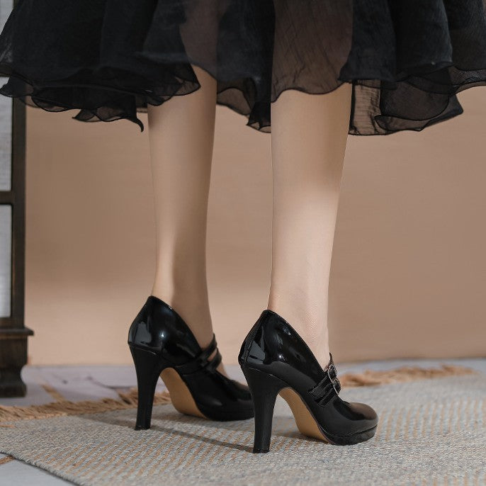 French Style Round Toe High Chunky Black With Double Buckle Women's Fashion Shoes