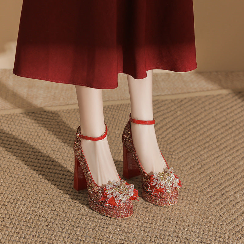 The Debris Thin Glittering Waterproof Platform Mary Jane Square Toe Women's Fashion Shoes
