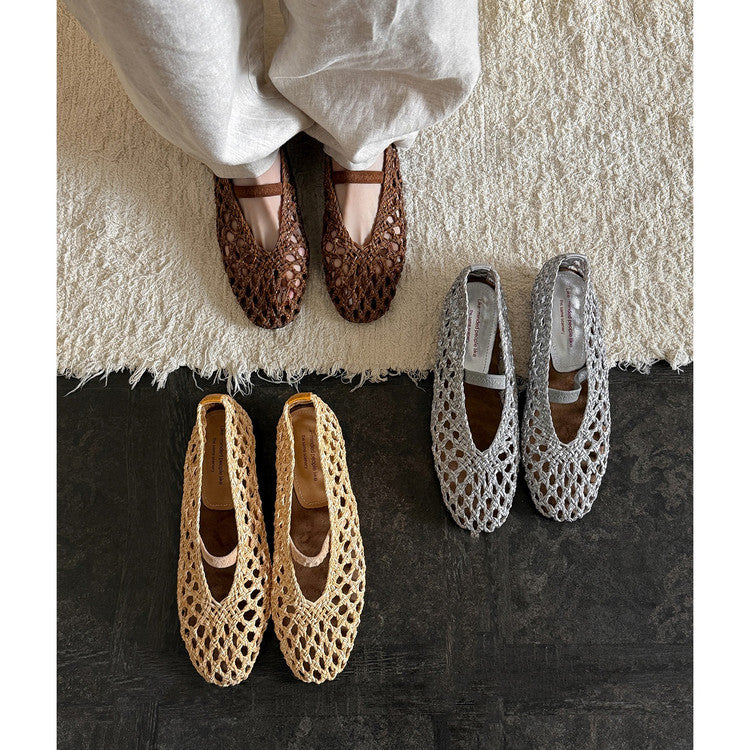 Women's Woven Hollowed Low-cut Pumps Mary Jane Sheepskin Insole With Men's Shoes