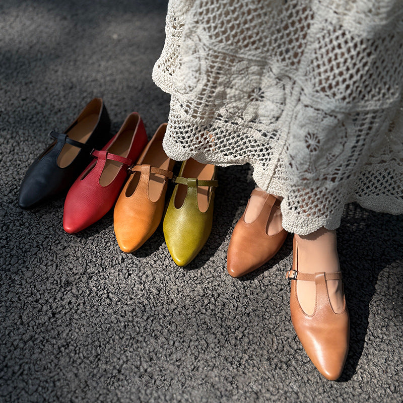 Women's Pointed Flat Buckle Mori Style Retro Solid Color Women's Casual Shoes