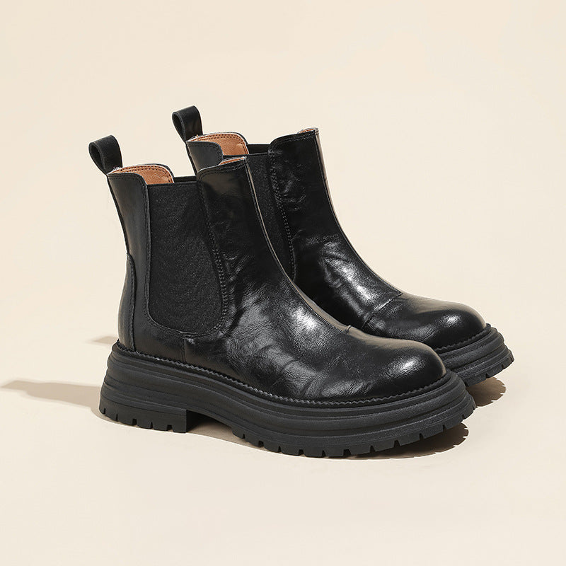 Women's Washed Cowhide Genuine Chelsea Retro Ankle Thick-soled British Women's Leather Boots
