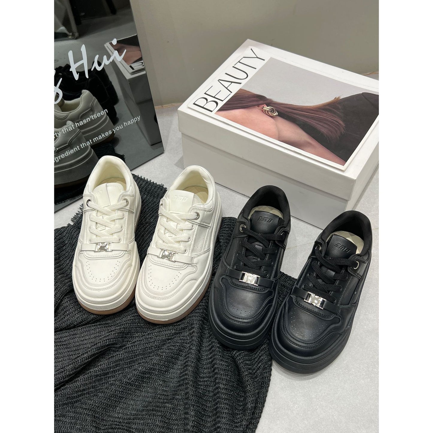 Women's One Mien Old Genuine Thick Sole Height Increasing White Skate Sports Casual Shoes