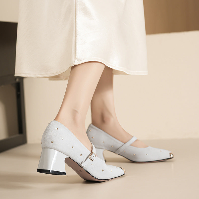 Women's French Joker Retro Square Toe Rivet Chunky Mary Heels