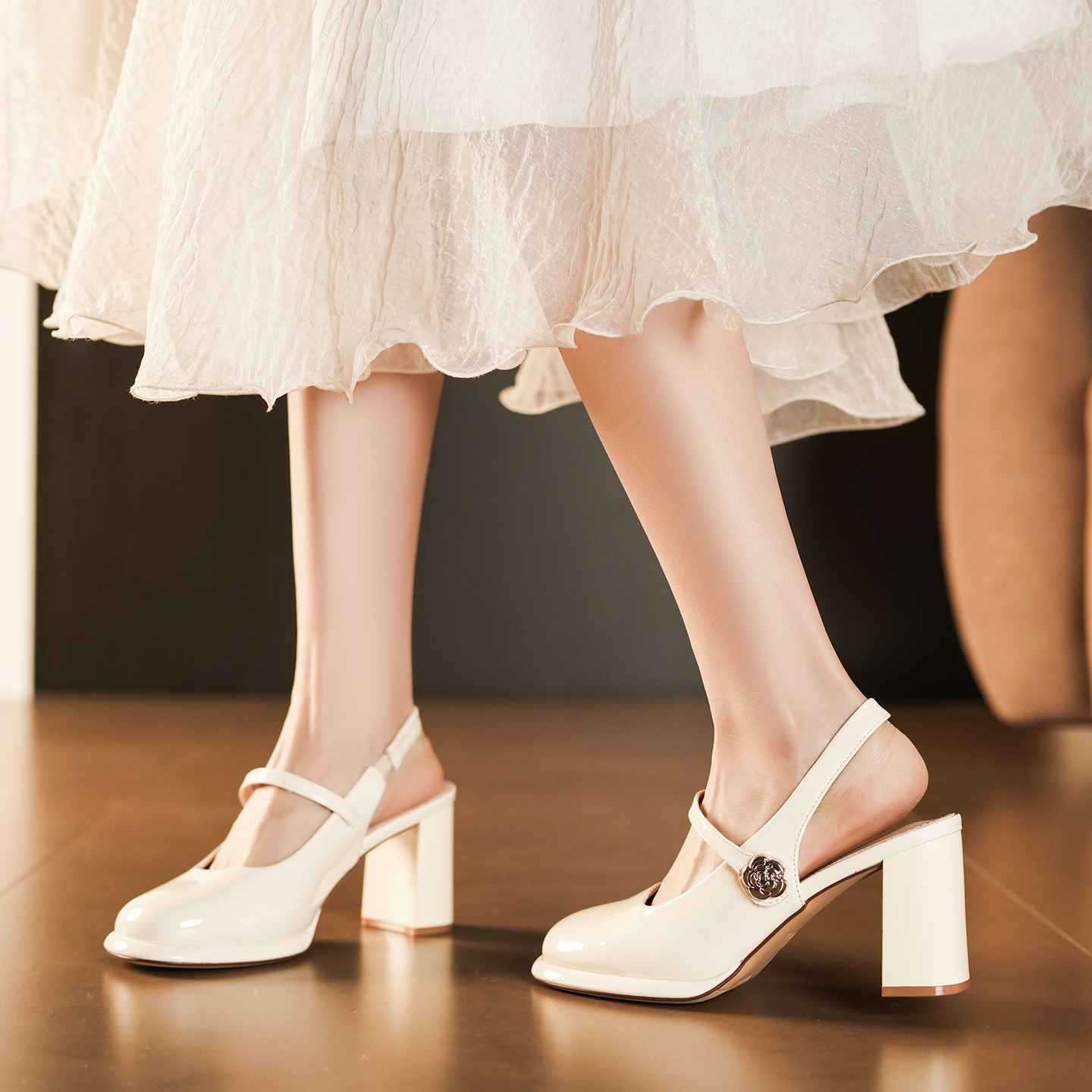 Pumps Rhinestone Square Buckle One-word With Chunky Commuter Toe Back Women's Fashion Shoes