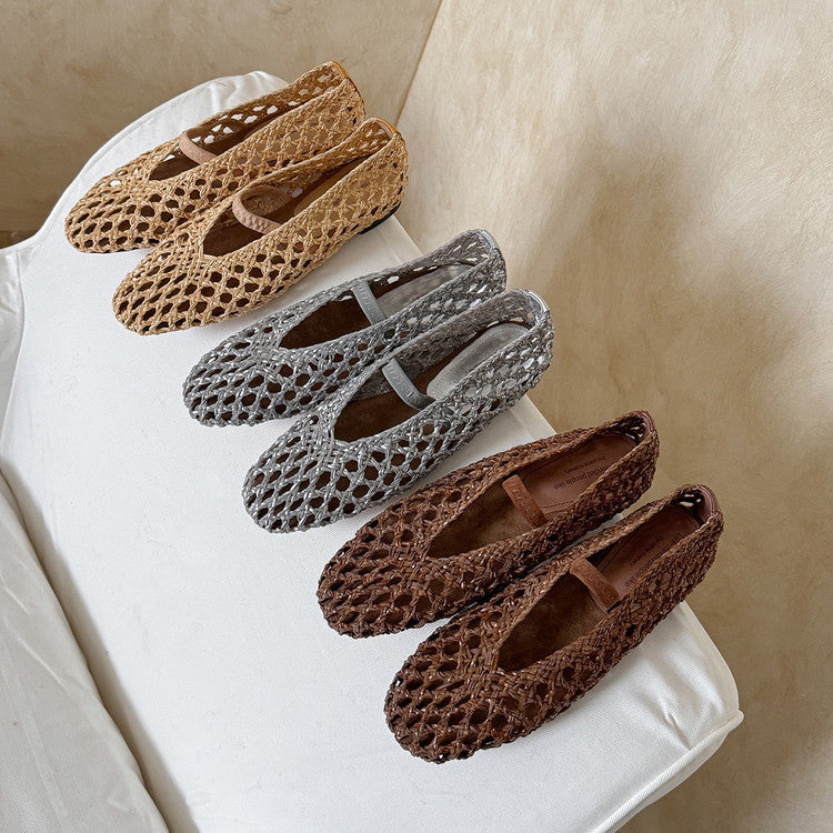 Women's Woven Hollowed Low-cut Pumps Mary Jane Sheepskin Insole With Men's Shoes