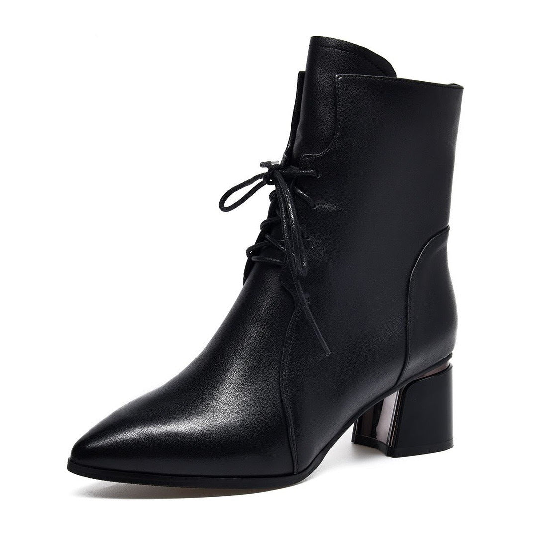 Women's Genuine Mid Pointed Toe Booties Soft Bottom Chunky Women's Leather Boots