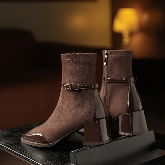 Women's Cashmere Stitching Square Toe Booties Chunky High Women's Leather Boots