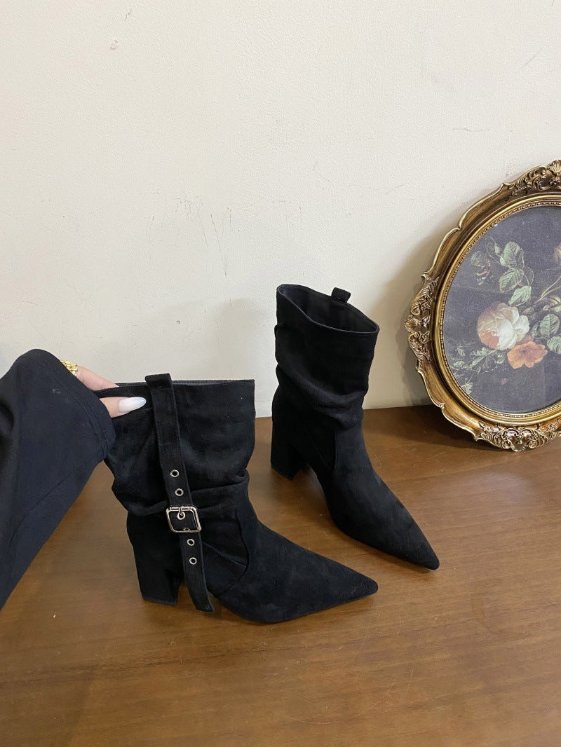 Version Western Cowboy Rivet Pointed Toe Chunky Knight Women's Leather Boots