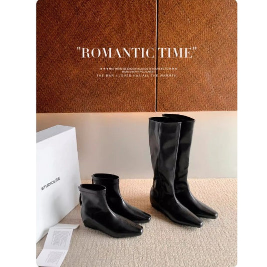 Increasing Insole Minimalist Square Toe Back Zipper Thin Booties Female Women's Leather Boots