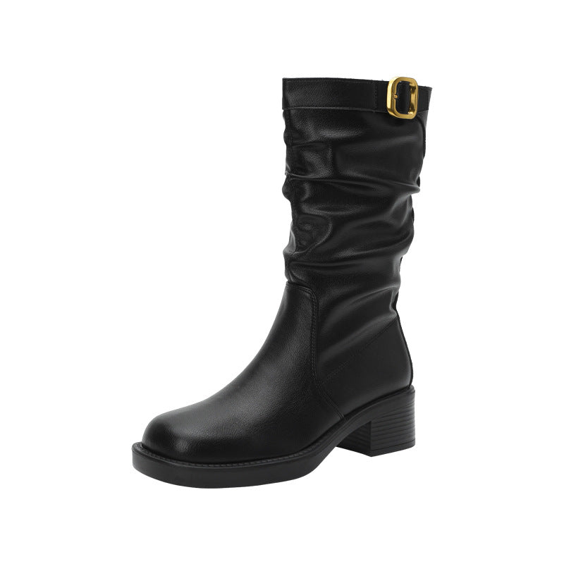 Women's Vintage Crumpled Short Popular Fashion Matching Thick Women's Leather Boots