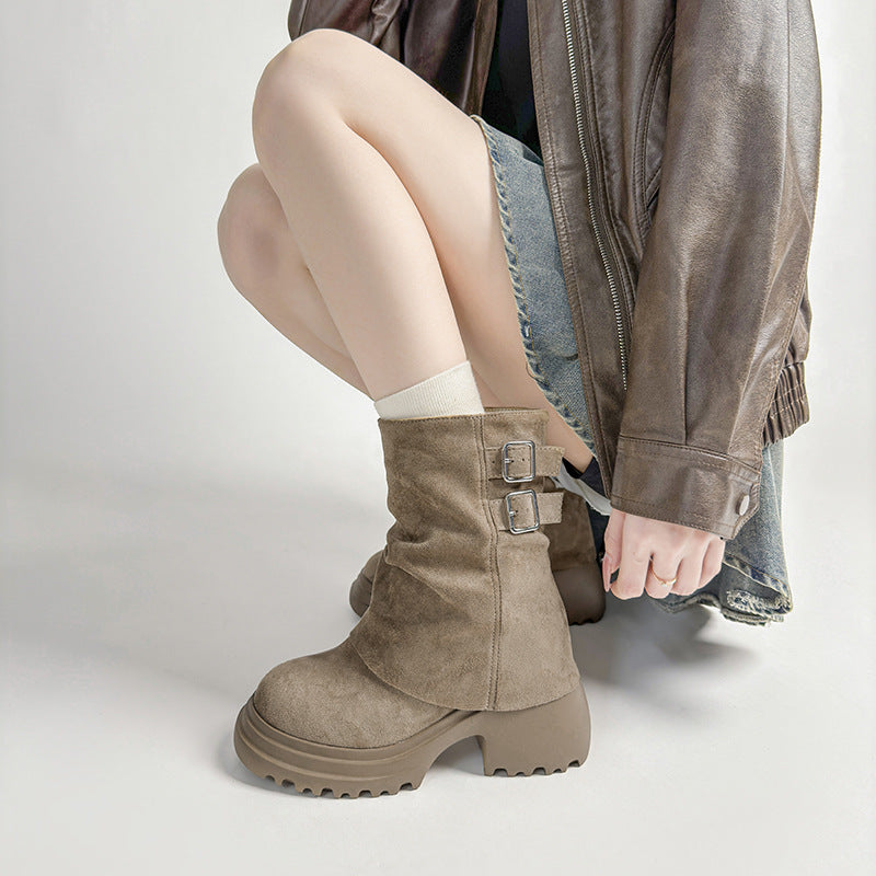 Women's Small Size Western Denim Riding Height Increasing Insole Platform Pleated Women's Leather Boots