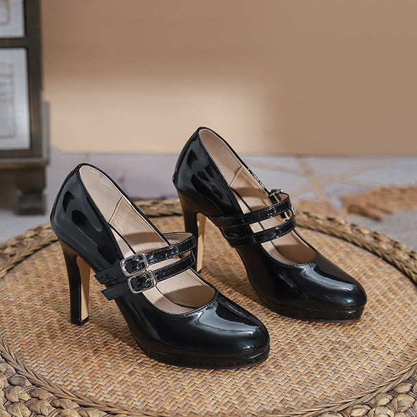 French Style Round Toe High Chunky Black With Double Buckle Women's Fashion Shoes