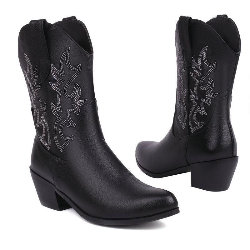 Women's Plus Size Vintage Embroidery Western Cowboy Chunky Round Boots
