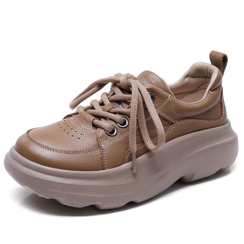 Women's First Layer Cowhide Platform Pumps Spring Soft Bottom Wild Round Women's Casual Shoes