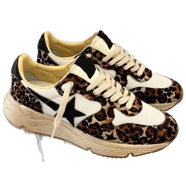 Women's Distressed Star Little Dirty Horse Fur Leopard Print Sequins Dad Sneakers