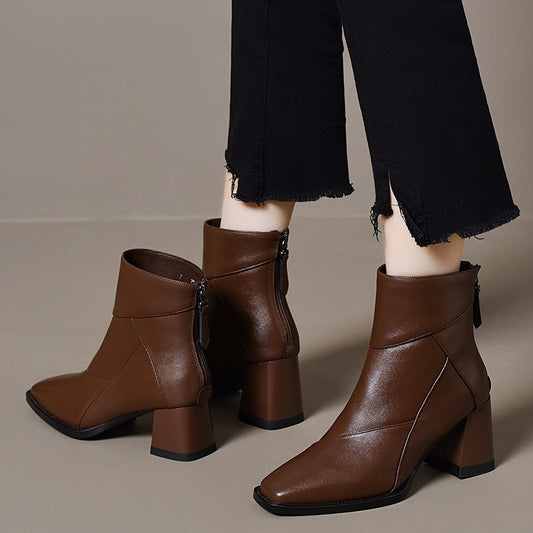 Women's Toe Booties Back Zipper Skinny Chunky Short Ankle Fleece-lined Women's Leather Boots