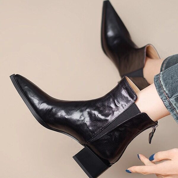 Women's Black Short Thick Thin Retro Martin Women's Leather Boots