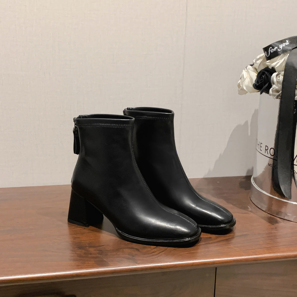 Women's Size Chunky Square Toe Booties Versatile Fashion Boots