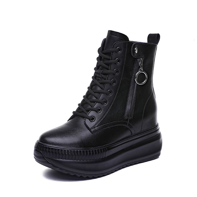 Women's Height Increasing Insole Small Thick-soled Ankle British Style Women's Leather Boots