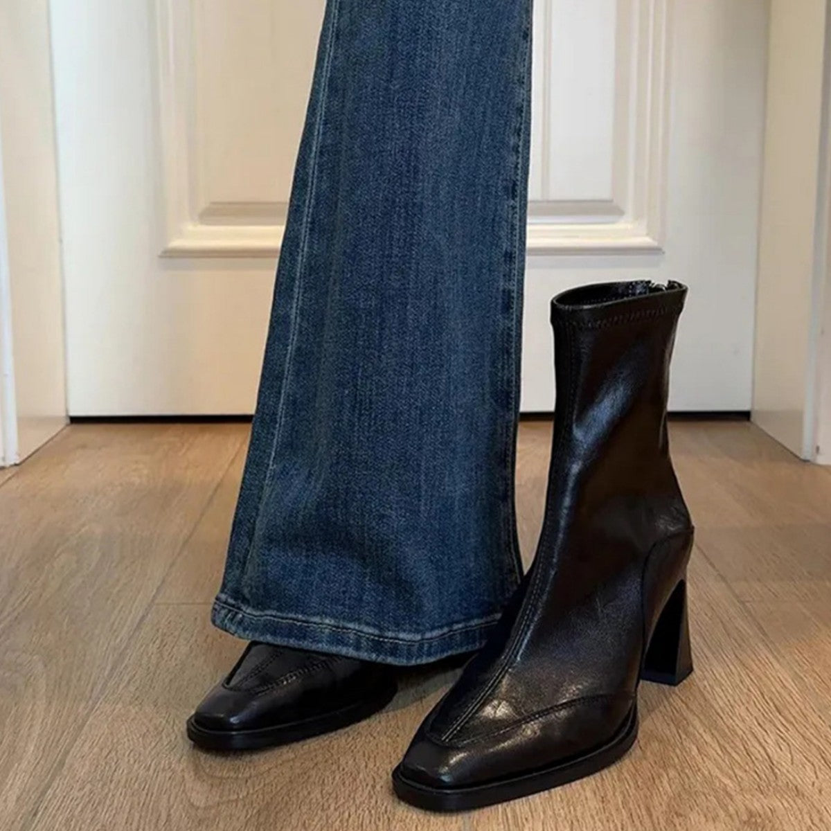 Women's Short For Square Toe Martin Black Chunky Women's Leather Boots