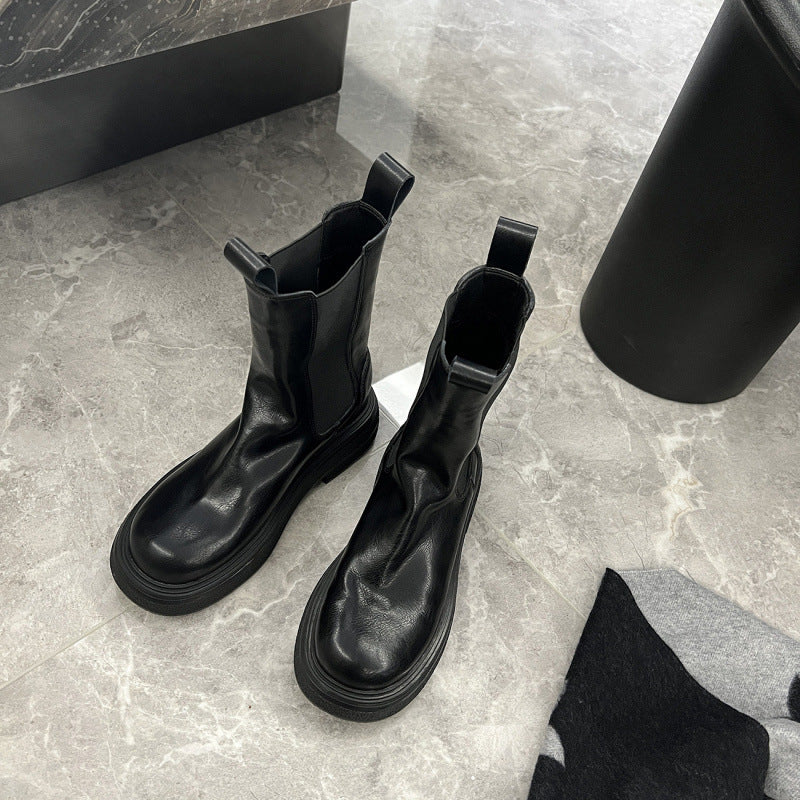 Women's British Style Chelsea Fleece-lined Mid Pleated Smoke Pipe Women's Leather Boots
