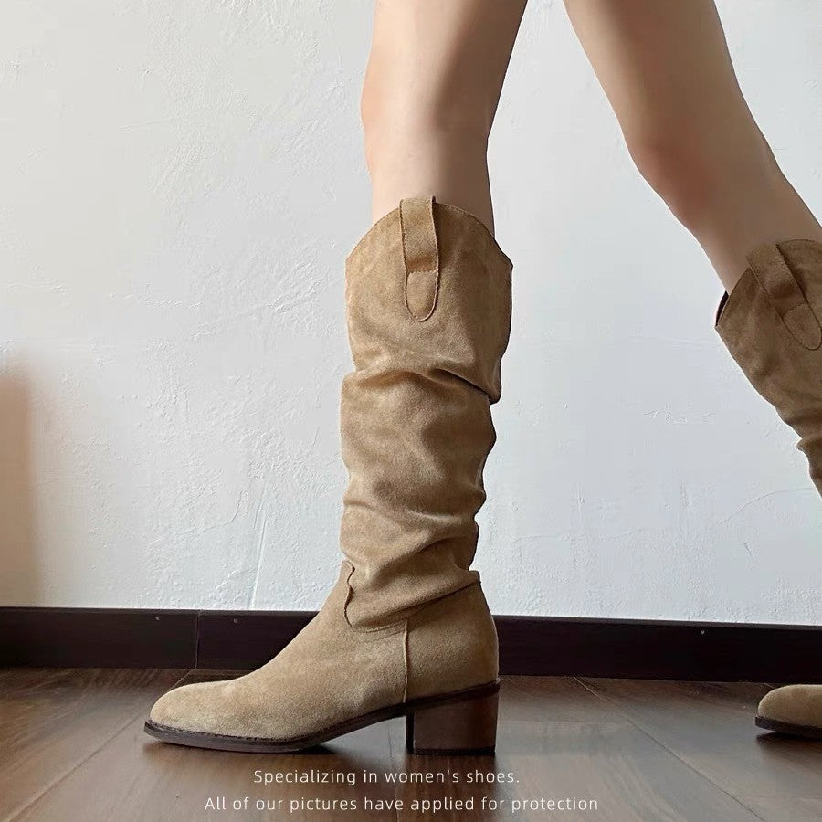 Women's Cowhide Version Retro V Mouth Height Increasing Pile Style Small Women's Leather Boots
