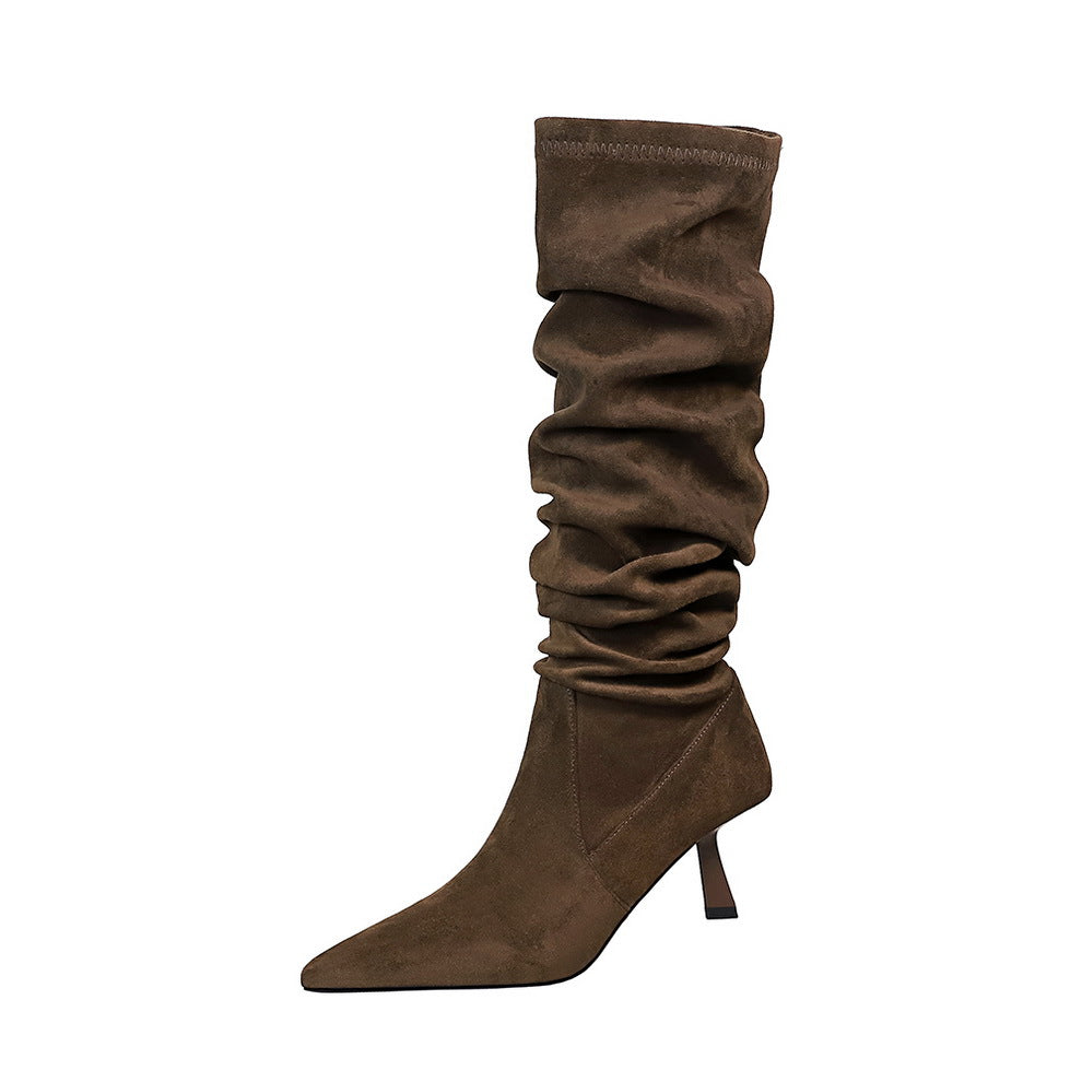 Women's Stiletto Pleated Pile Style Stretch Pointed Toe Skinny High Women's Leather Boots