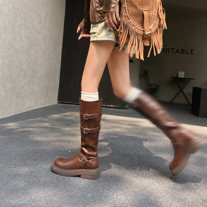 Women's Platform Knee-high Western Cowboy Tall Knight Waste Soil Round Head Heels