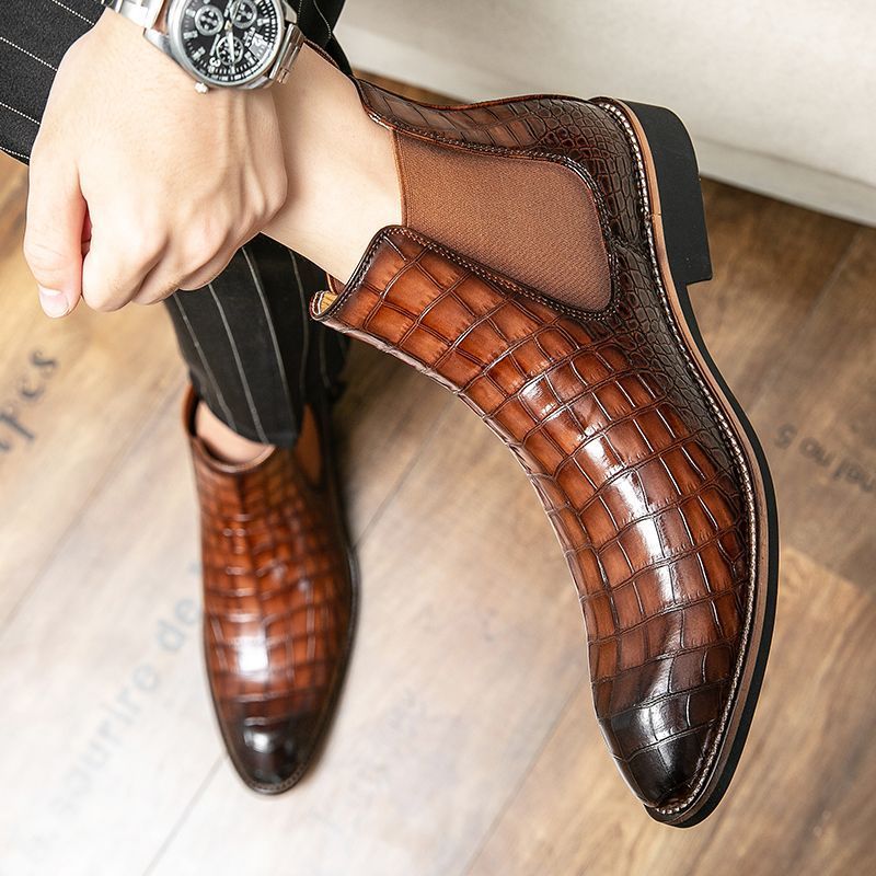 Men's Chelsea Pointed British Crocodile Pattern Ankle Fleece-lined Boots