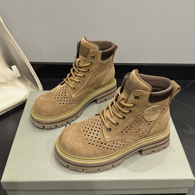 Women's Hollow Martin Summer Soft Retro Short Cow Suede Women's Leather Boots